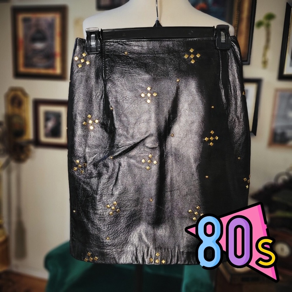 80s VINTAGE HANNAH 100%‎ Genuine Leather Black Skirt With Gold Studs